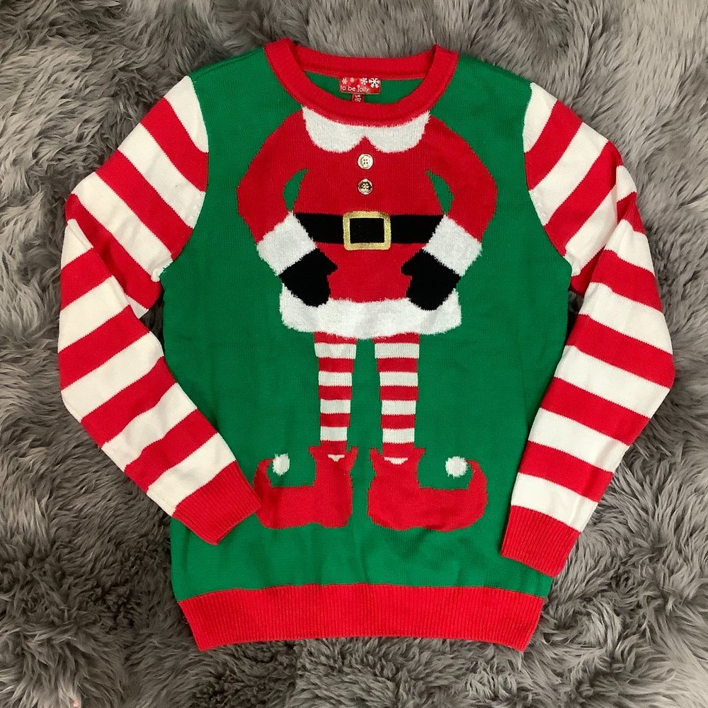 To Be Jolly | Women's Christmas Sweater | Mrs. Elf | Green & Red | Large